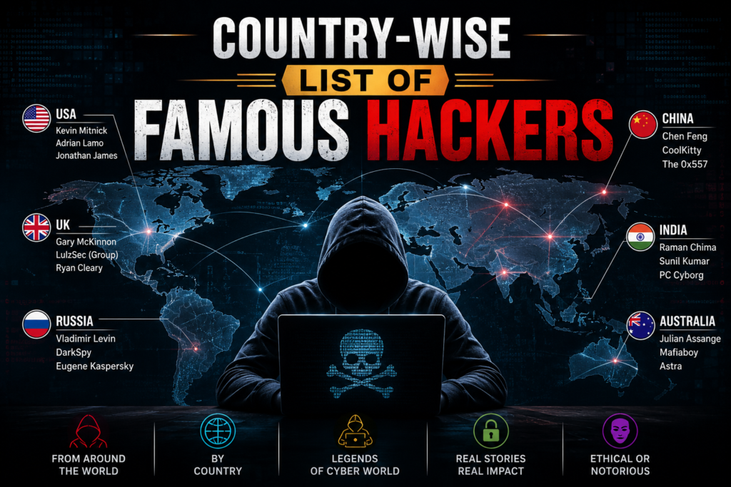 Country-wise list of famous hackers from the USA, UK, Russia, China, India, and Australia with notable cybersecurity figures.
