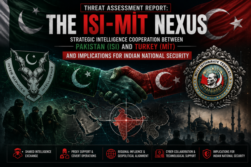 Infographic illustrating the alleged ISI–MİT intelligence nexus, outlining strategic cooperation between Pakistan's ISI and Turkey's MİT, operational methods, organizational structures, and potential implications for Indian national security.