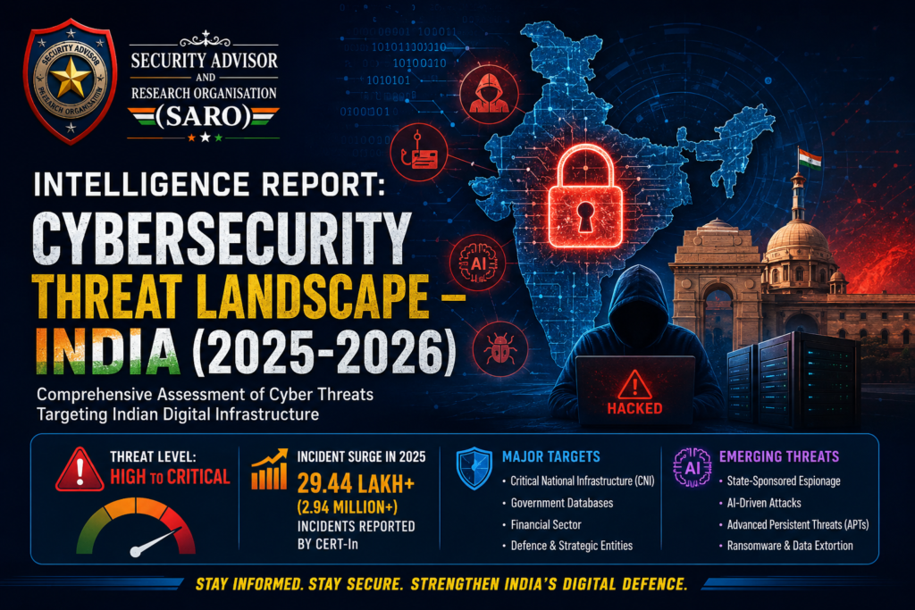 Intelligence Report: Cybersecurity Threat Landscape – India (2025–2026) showing cyber threats to India's digital infrastructure, AI-driven attacks, hackers, and critical infrastructure.