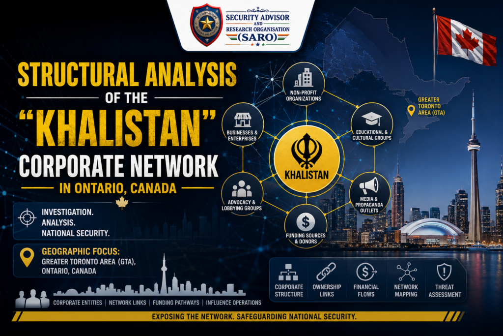 Featured cover image for the report "Structural Analysis of the Khalistan Corporate Network in Ontario, Canada" focusing on the Greater Toronto Area (GTA).