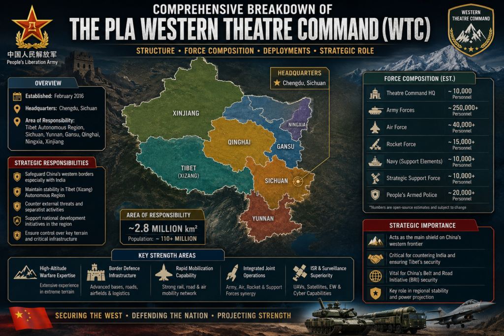PLA Western Theatre Command organizational structure showing command hierarchy, Tibet Military District, major airbases, force deployments, and strategic infrastructure along the China–India border.