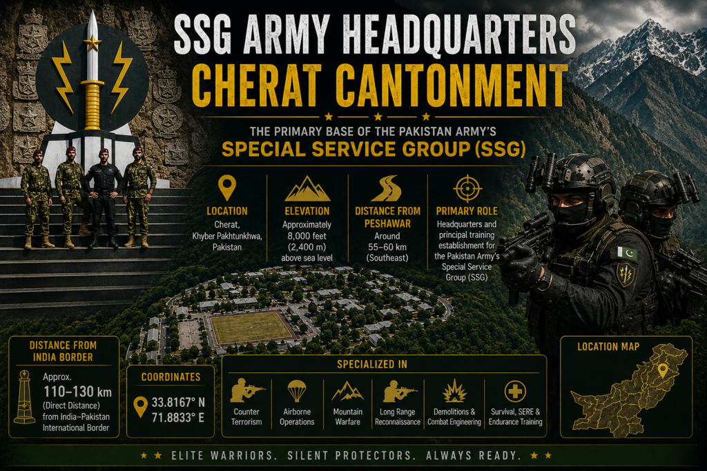 Featured image of the Pakistan Army Special Service Group (SSG) Headquarters at Cherat Cantonment, Khyber Pakhtunkhwa, showing the primary SSG training base, mountainous terrain, approximate location, elevation, and strategic overview.
