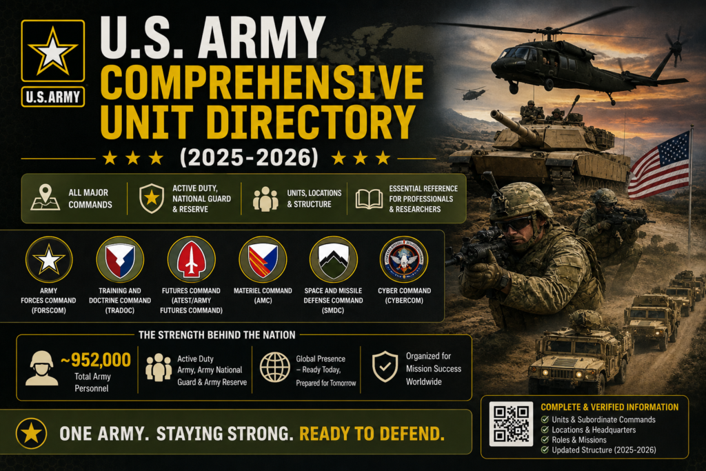 U.S. Army comprehensive unit directory showing commands, corps, divisions, brigades, and major military units.