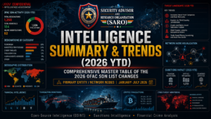 Intelligence Summary & Trends (2026 YTD) – Comprehensive Master Table of 2026 OFAC SDN List Changes showing primary entity and network nodes from January to July 2026.