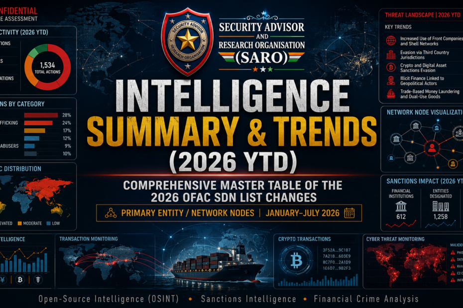 Intelligence Summary & Trends (2026 YTD) – Comprehensive Master Table of 2026 OFAC SDN List Changes showing primary entity and network nodes from January to July 2026.