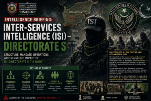 Featured illustration depicting Pakistan's Inter-Services Intelligence (ISI) Directorate S, highlighting its alleged covert operations, strategic proxy networks, regional focus on Afghanistan and India, and intelligence analysis.