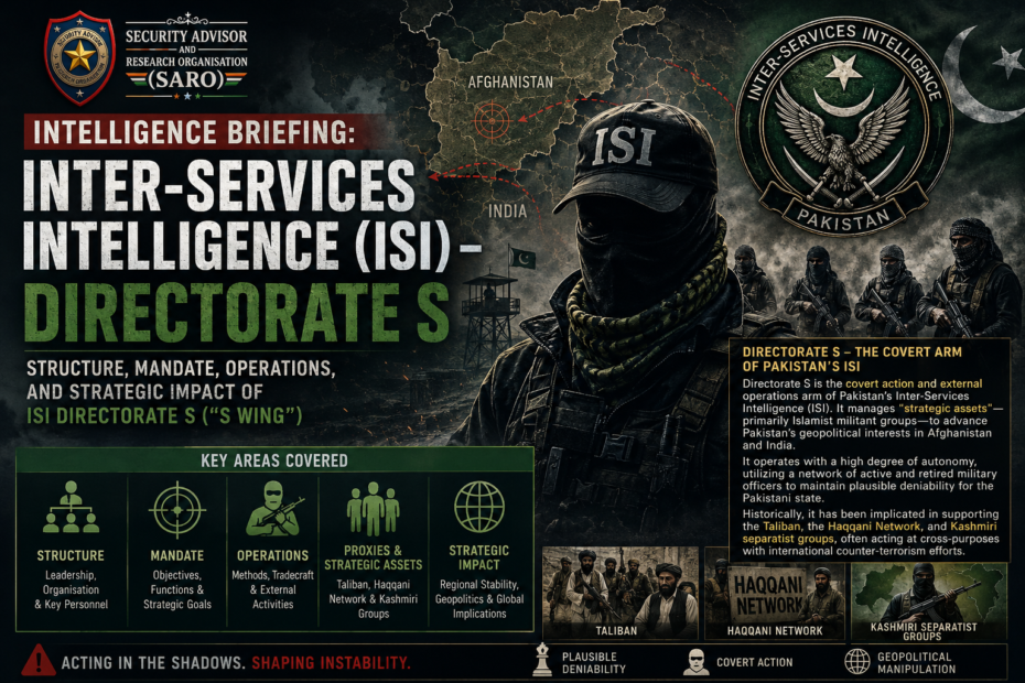 Featured illustration depicting Pakistan's Inter-Services Intelligence (ISI) Directorate S, highlighting its alleged covert operations, strategic proxy networks, regional focus on Afghanistan and India, and intelligence analysis.