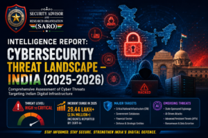 Intelligence Report: Cybersecurity Threat Landscape – India (2025–2026) showing cyber threats to India's digital infrastructure, AI-driven attacks, hackers, and critical infrastructure.