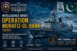 INTELLIGENCE BRIEF: Operation Muhafiz-ul-Bahr (2026) featuring Pakistan Navy frigate PNS Tughril (F-261) during maritime security and convoy escort operations in the Northern Arabian Sea.
