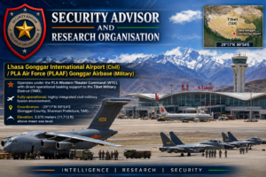 Lhasa Gonggar International Airport and PLA Air Force Gonggar Airbase in Tibet Autonomous Region, featuring the dual-use civil-military aviation facility with Himalayan mountains in the background.