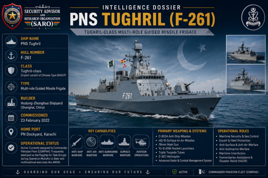 PNS Tughril (F-261) guided missile frigate intelligence dossier showing the Pakistan Navy's Tughril-class warship, operational capabilities, weapons systems, and strategic maritime role.
