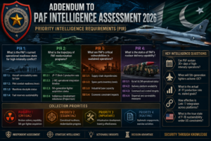 Addendum to Pakistan Air Force (PAF) Intelligence Assessment 2026 showing Priority Intelligence Requirements (PIR), Essential Elements of Information (EEI), collection priorities, and key intelligence questions.Pakistan Air Force (PAF) intelligence assessment