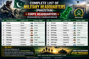 Complete List of Pakistan Army Corps Headquarters (Commanded by a Lieutenant General) – Military Headquarters Infographic