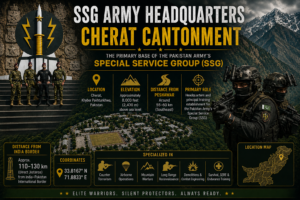 Featured image of the Pakistan Army Special Service Group (SSG) Headquarters at Cherat Cantonment, Khyber Pakhtunkhwa, showing the primary SSG training base, mountainous terrain, approximate location, elevation, and strategic overview.