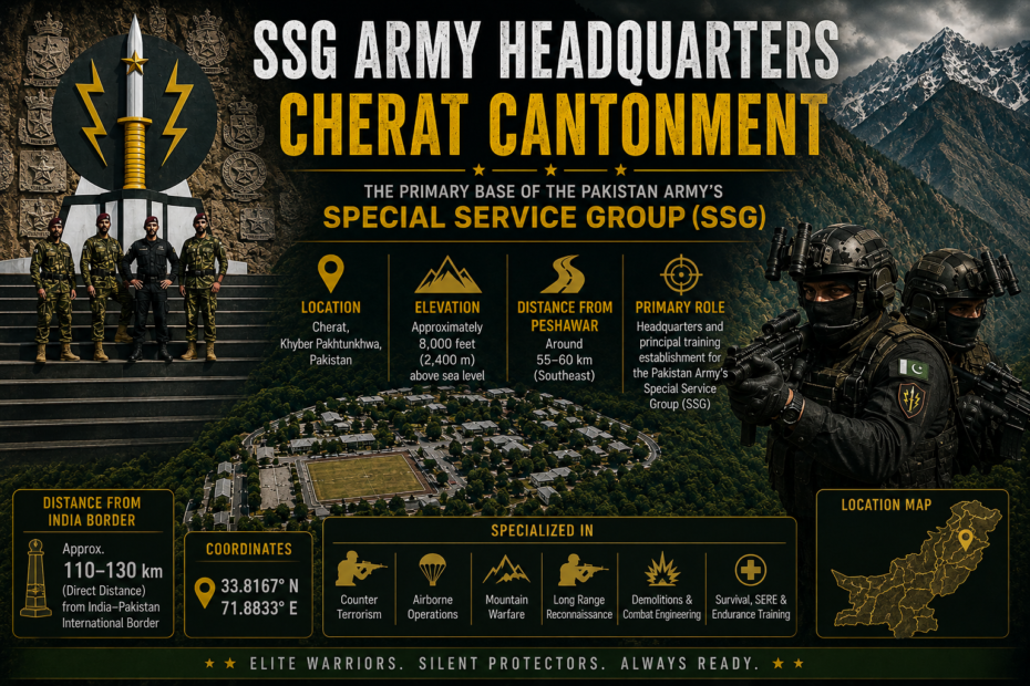 Featured image of the Pakistan Army Special Service Group (SSG) Headquarters at Cherat Cantonment, Khyber Pakhtunkhwa, showing the primary SSG training base, mountainous terrain, approximate location, elevation, and strategic overview.
