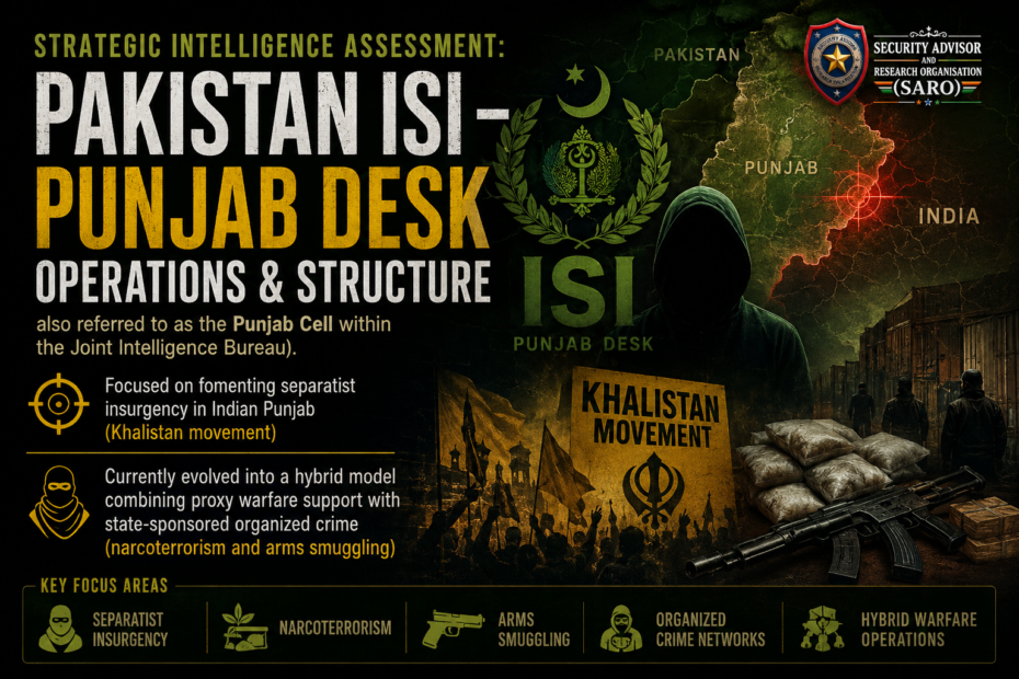 Strategic intelligence assessment infographic illustrating Pakistan ISI Punjab Desk operations, organizational structure, proxy networks, Khalistan-linked insurgency, hybrid warfare, narcoterrorism, and arms smuggling affecting India's national security.