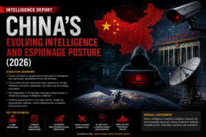 Intelligence Report: China’s Evolving Intelligence and Espionage Posture (2026), covering cyber espionage, foreign influence, economic and technological espionage, space and signals intelligence, AI surveillance, and Indo-Pacific strategy.