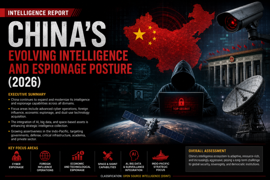 Intelligence Report: China’s Evolving Intelligence and Espionage Posture (2026), covering cyber espionage, foreign influence, economic and technological espionage, space and signals intelligence, AI surveillance, and Indo-Pacific strategy.